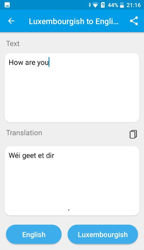 Android application English to Luxembourgish screenshort