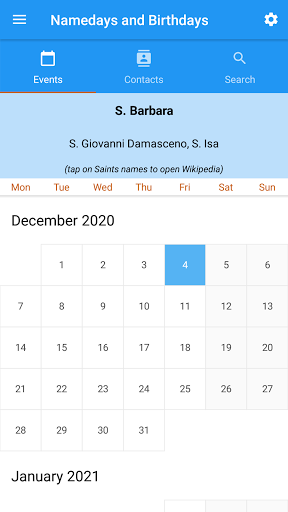 Namedays and Birthdays Screen 2