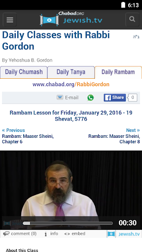 Screenshot of Daily Classes — Rabbi Gordon