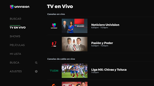 Screenshot of Univision Now: Live TV