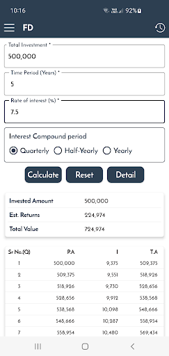 FD Calc - Fixed Deposit Calc Screen 2
