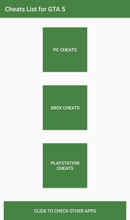 Cheat Codes List for V Screen 1