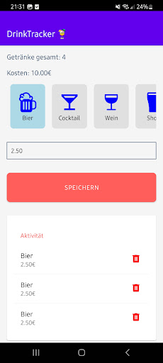 Android application DrinkTracker screenshort