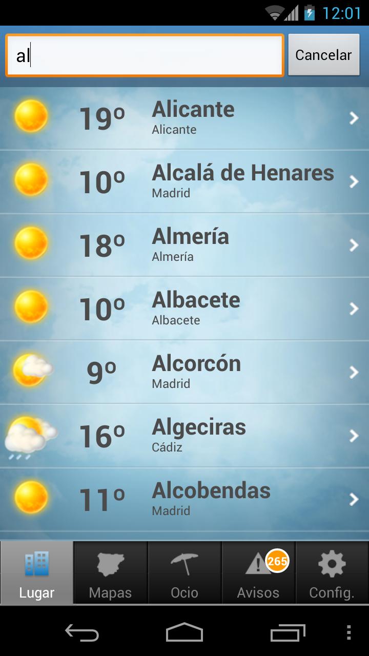 Android application Tiempo y Temperatura screenshort