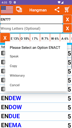 Hangman Solver: Cheat, Hint Screen 3