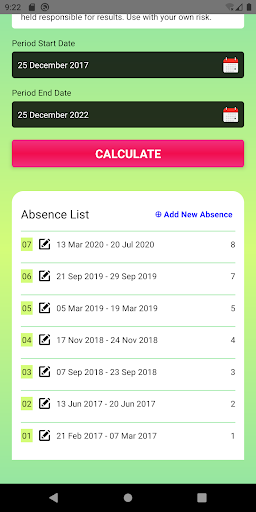 Absence Calculator Screen 3