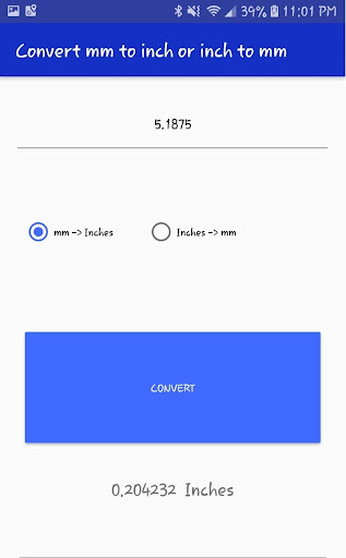 Android application mm to Inch Converter screenshort