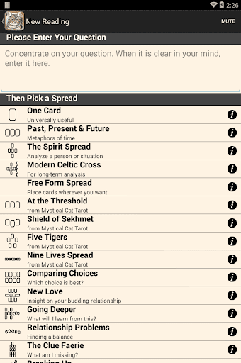 Screenshot of Mystical Cats Tarot