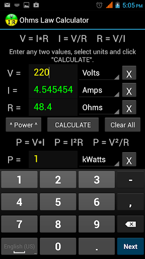 Ohms Law Calculator Screen 2