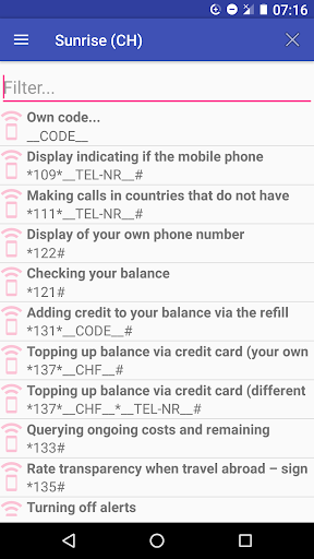 Android application USSD Codes Shortkeys screenshort