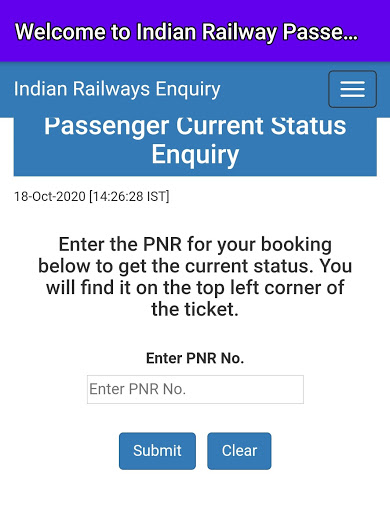 TRAIN PNR AND LIVE STATUS Screen 2