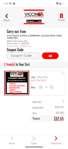 Screenshot of Viccino’s Pizza