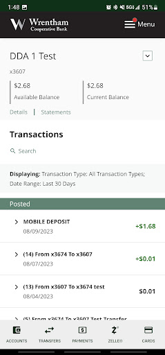 Wrentham Co-op Mobile Banking Screen 2