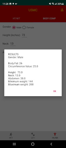 USMC 2022 PFT/CFT Calculator Screen 2