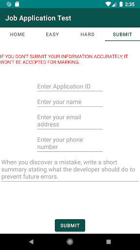 DTL Job application test Screen 3