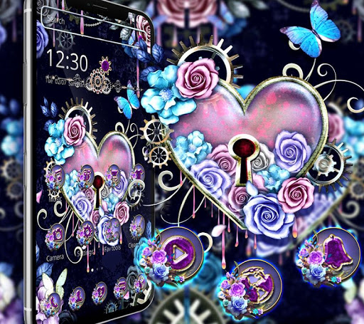 Retro Metallic Gear Rose Flower Heart Theme