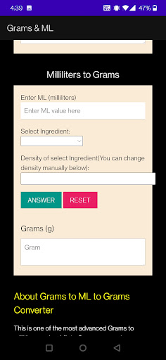 ML to Grams to Milliliters Screen 2