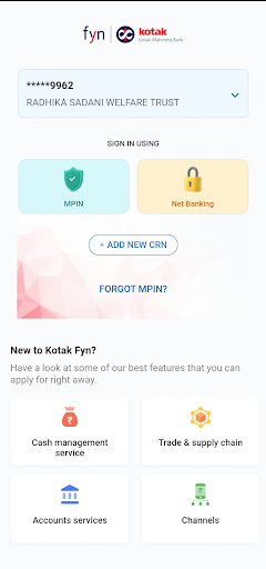 Kotak fyn:Business Banking app Screen 2