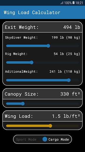 Skydive Wing Load Calculator Screen 3