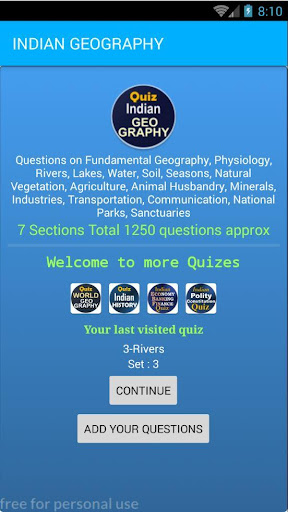 Android application Indian Geography Quiz 1250 MCQ screenshort