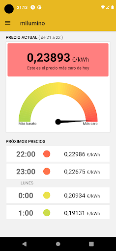 Android application milumino: electricity prices screenshort