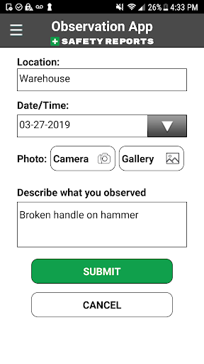 Safety Observations App | SR Screen 2