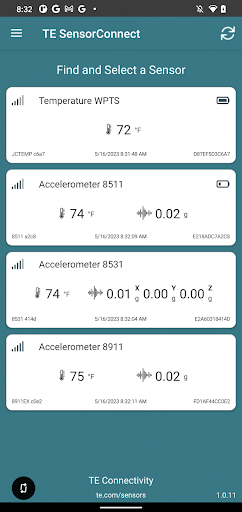 Android application TE SensorConnect screenshort