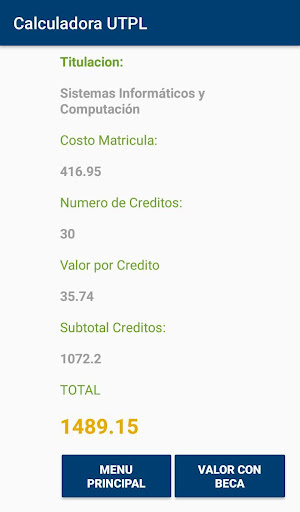 Calculadora de Matricula UTPL Screen 3