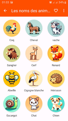 Android application Les animaux en français screenshort