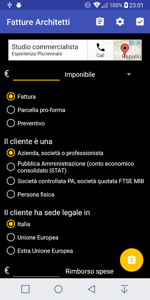 Android application Fatture Architetti screenshot