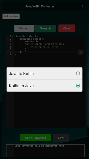 Screenshot of Kotlin/Java Converter