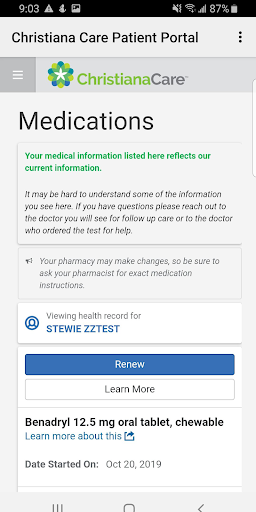 Christiana Care Patient Portal Screen 2