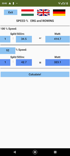Ergometer speed % calculator Screen 2