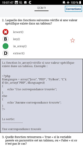 Android application QCM PHP Entrainement avec expl screenshort