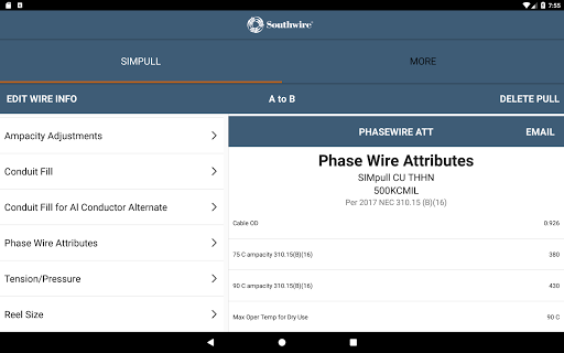 Screenshot of SIMpull 600V Calculator