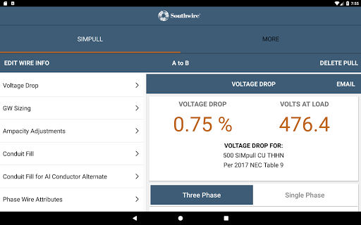 Screenshot of SIMpull 600V Calculator