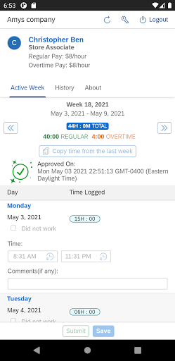 Android application Copeo Employee Timesheets screenshort