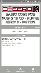 RADIO CODE for AUDIO 10 CD