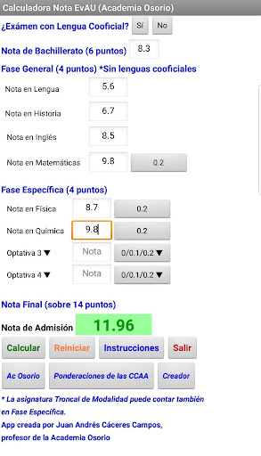 Android application Calculadora Nota EvAU screenshort