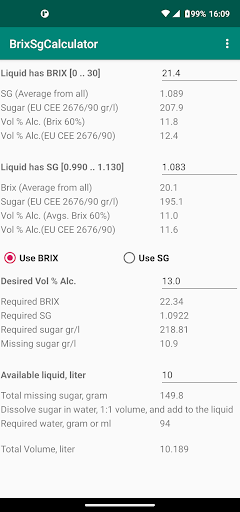 Android application BrixSgCalculator screenshort