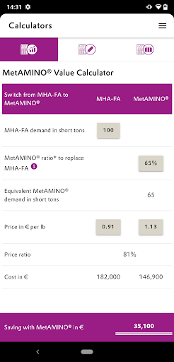 MetAMINO® Value Calculator Screen 2