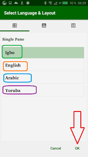 Igbo, English, Arabic, Yoruba Screen 3