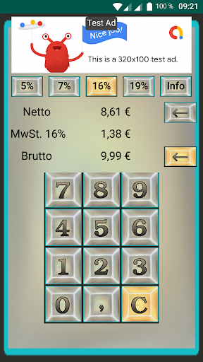Android application MwSt. Rechner 16% 5% 19% 7% screenshort