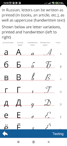 Screenshot of Russian alphabet