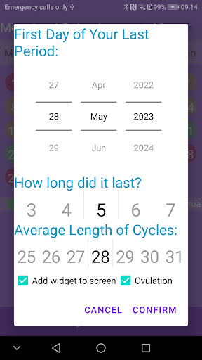 Menstrual calendar Screen 2