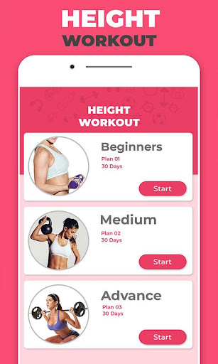 Android application Height Increase Workouts: Home screenshort