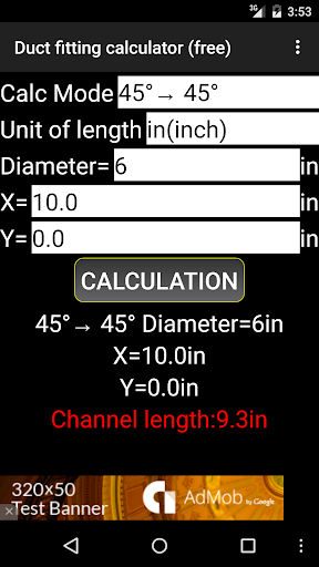 Duct fitting calculator (Ads) Screen 2
