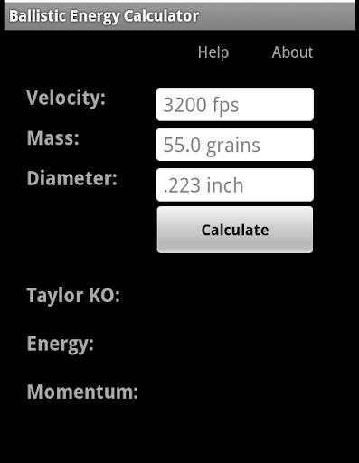 Android application Ballistic Energy Calc screenshort