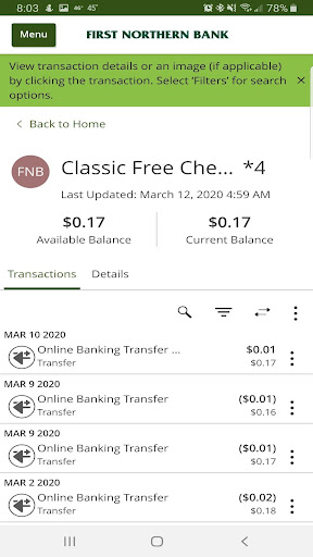 First Northern Mobile Banking Screen 2