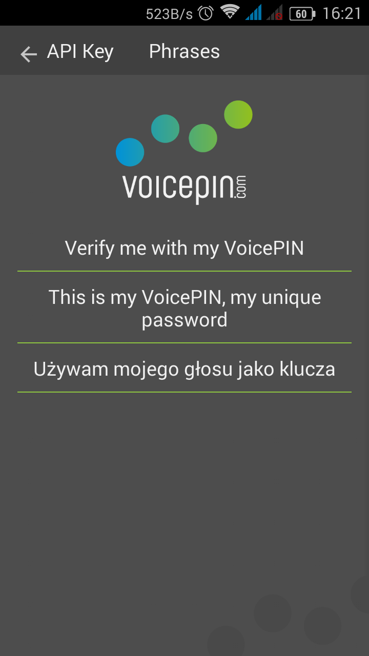 Android application VoicePIN Biometrics screenshort